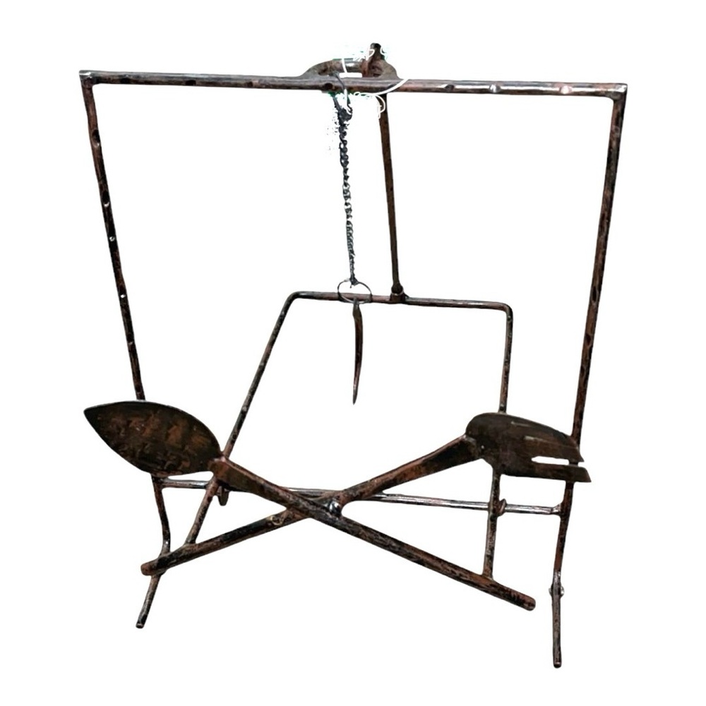 Vintage wrought iron cookbook easel spoon fork front weighted chain Primitive